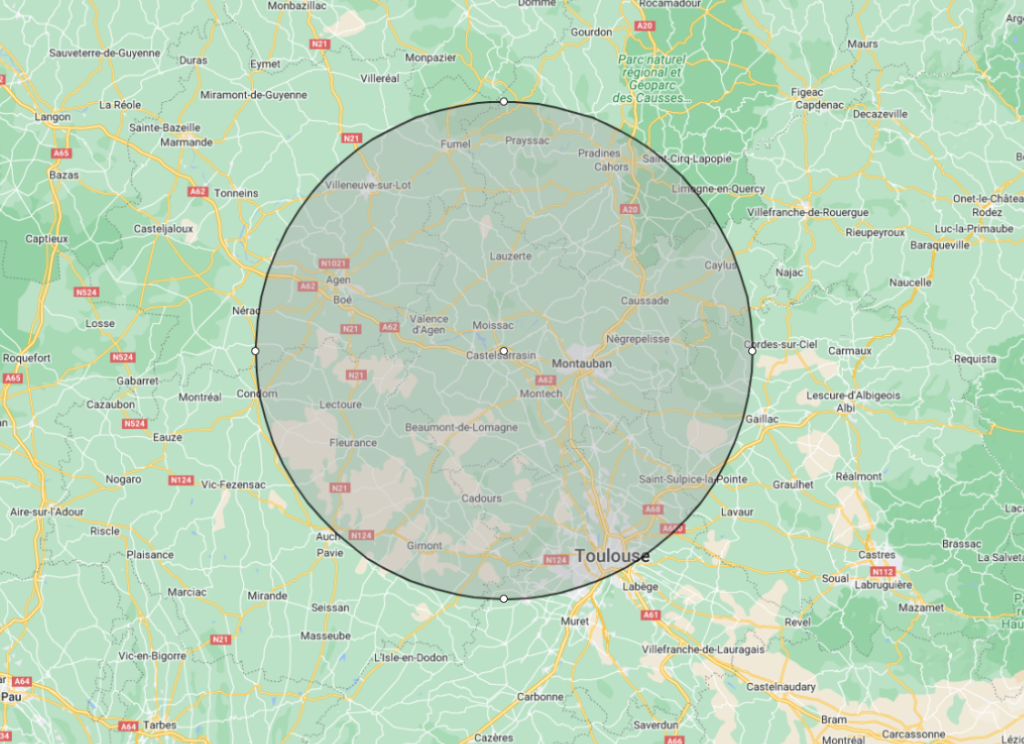 Carte de la zone d'activités - 60km autour de Castelsarrasin